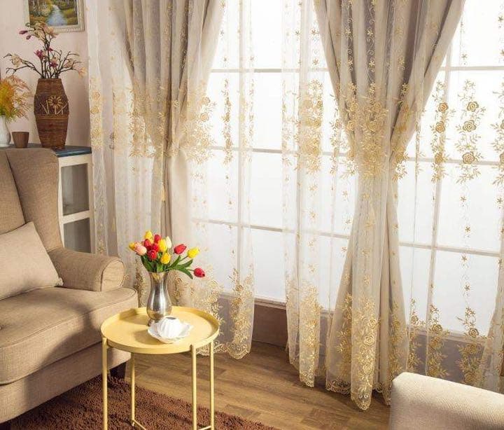 二層一体カーテン　ホワイト　刺繍　人気　高品質