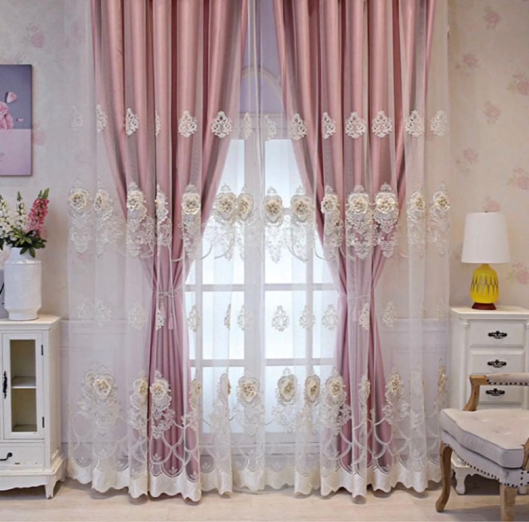 一体型カーテン　4枚セット　両開き　立体 刺繍レースカーテン　遮光　送料無料