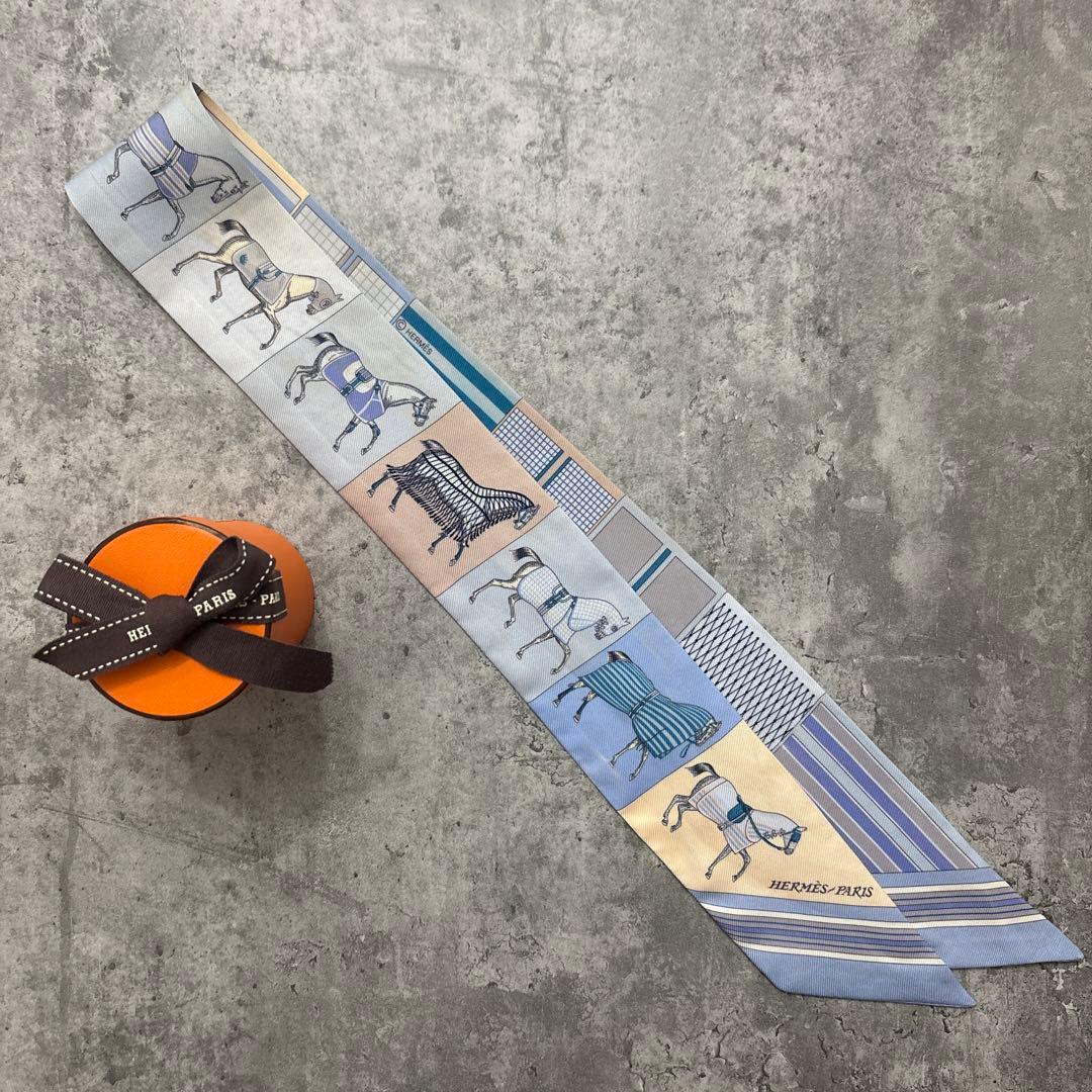エルメス　ツイリー　馬着　馬柄　ブルー　水色　スカーフ