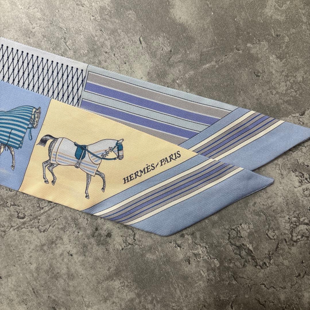 エルメス　ツイリー　馬着　馬柄　ブルー　水色　スカーフ