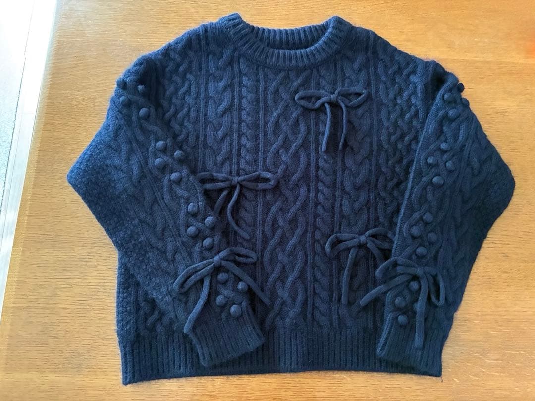 美品✨ ジプソフィア ケーブルニット ウール プルオーバー リボン付 ネイビー