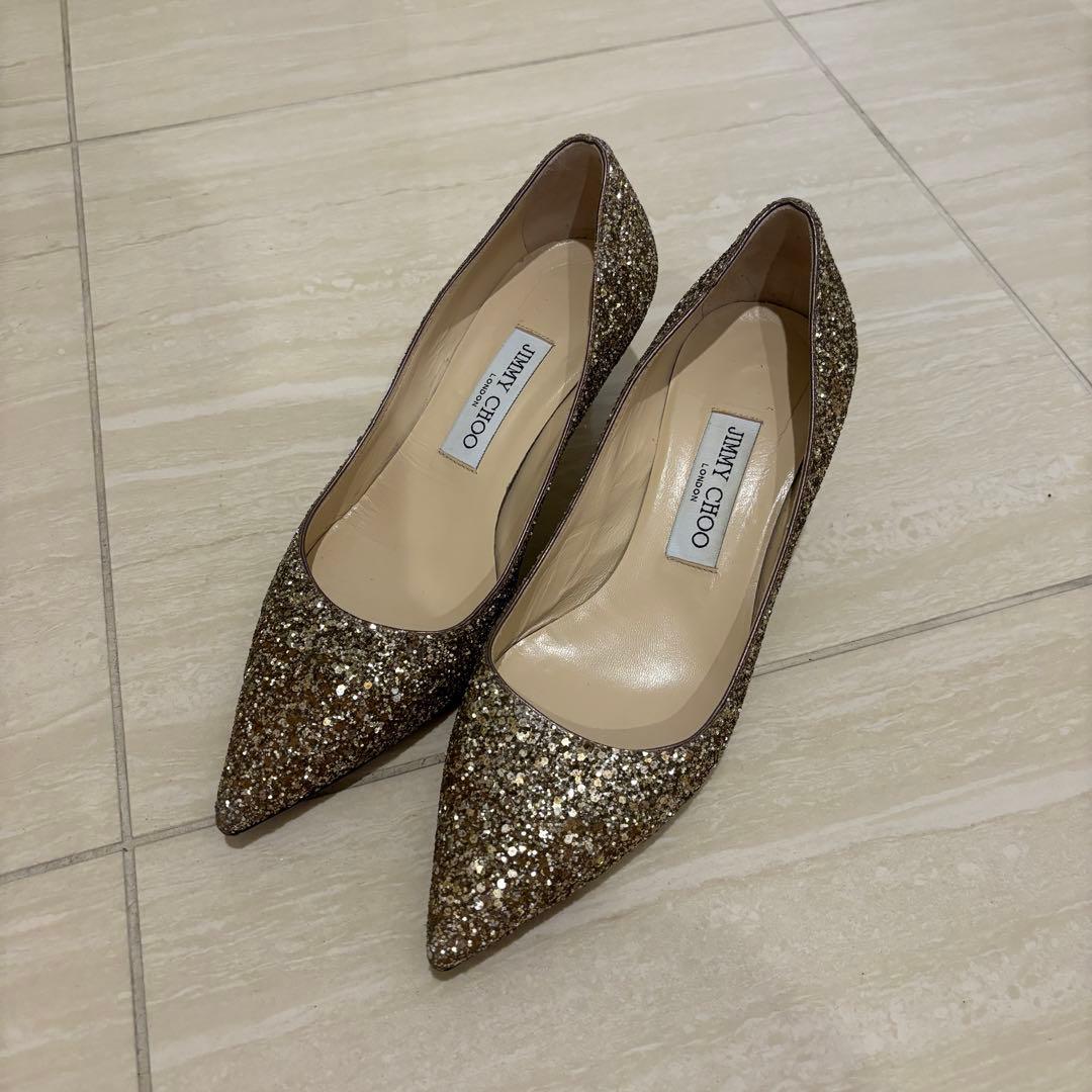 JIMMY CHOO　ジミーチュウ　グリッター　パンプス　ゴールド37　24.0