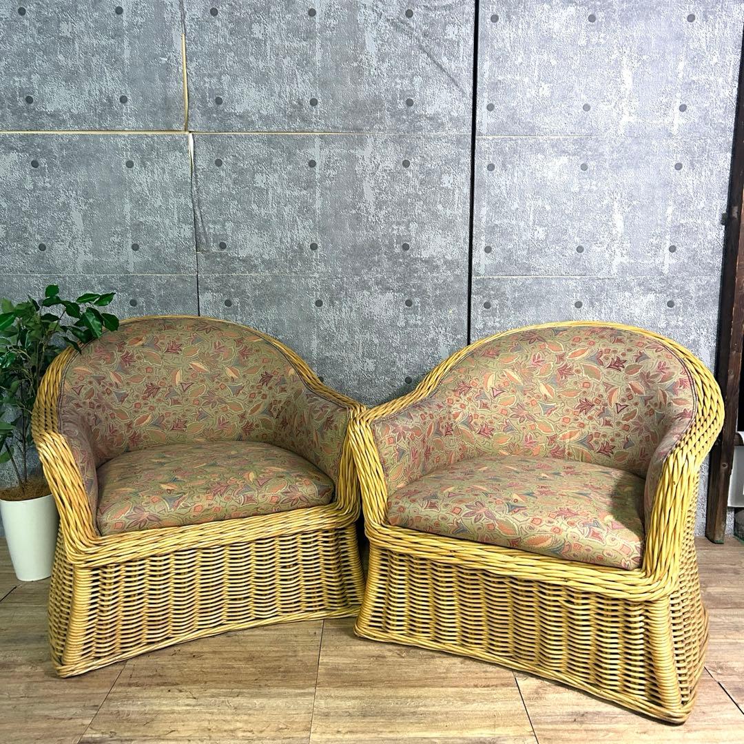 ꧁CASABLANCA カサブランカ꧂ラタン1Pアームソファ2脚 籐家具 花柄