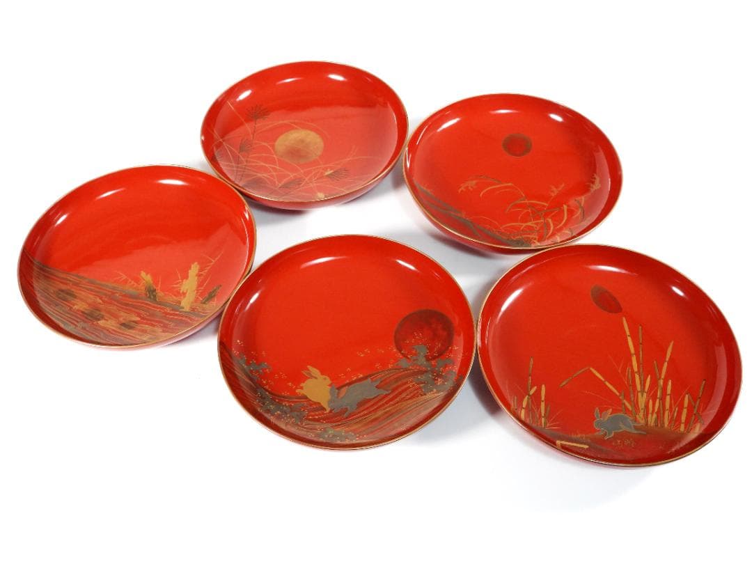 明治　朱塗　金蒔絵　漆器　木製　五ツ組　大盃 5点セット 直径約23.5cm