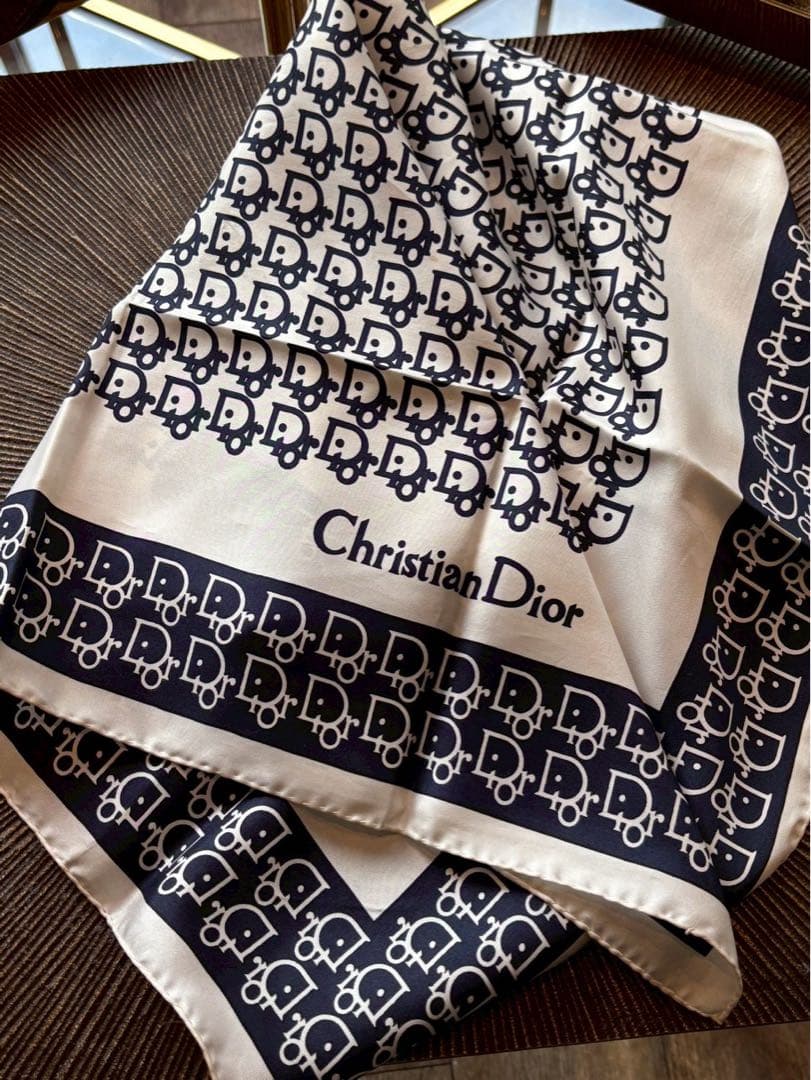 【極美品】ChristianDior スカーフ ネイビー アイボリー63✖️63