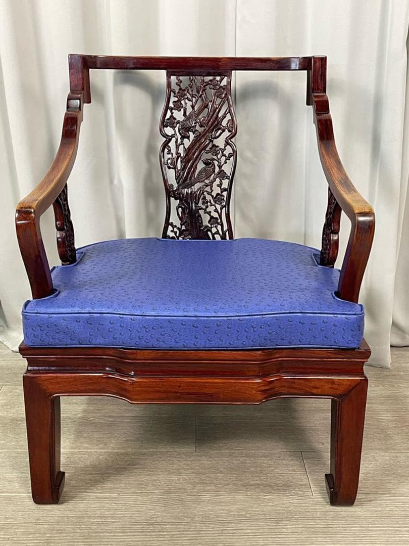 【木】　★ 家具 紅木透彫花鳥紋官帽椅 ★　民国期　鵲 梅花 彫刻文様　明清家具