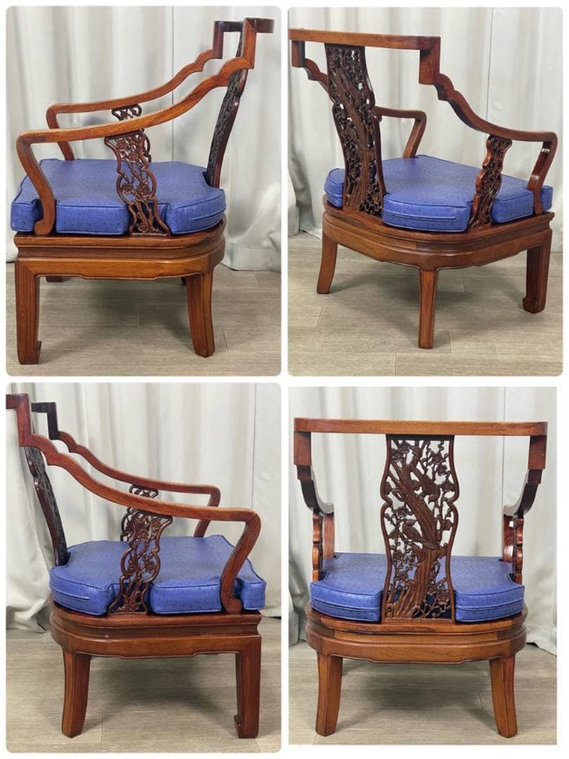 【木】　★ 家具 紅木透彫花鳥紋官帽椅 ★　民国期　鵲 梅花 彫刻文様　明清家具