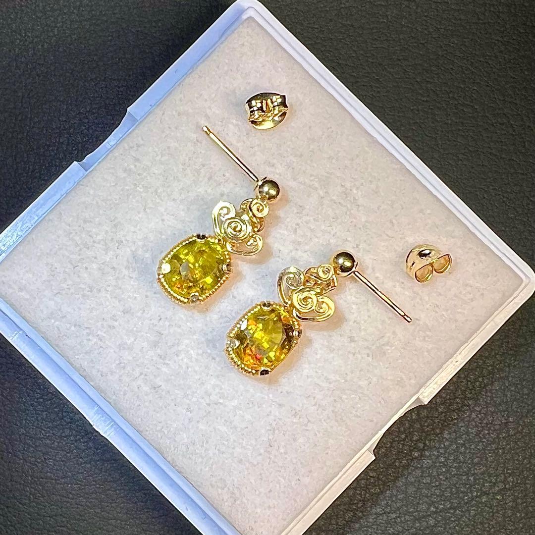 天然石　スフェーン　ピアス　ワイヤーラッピング　14kgf