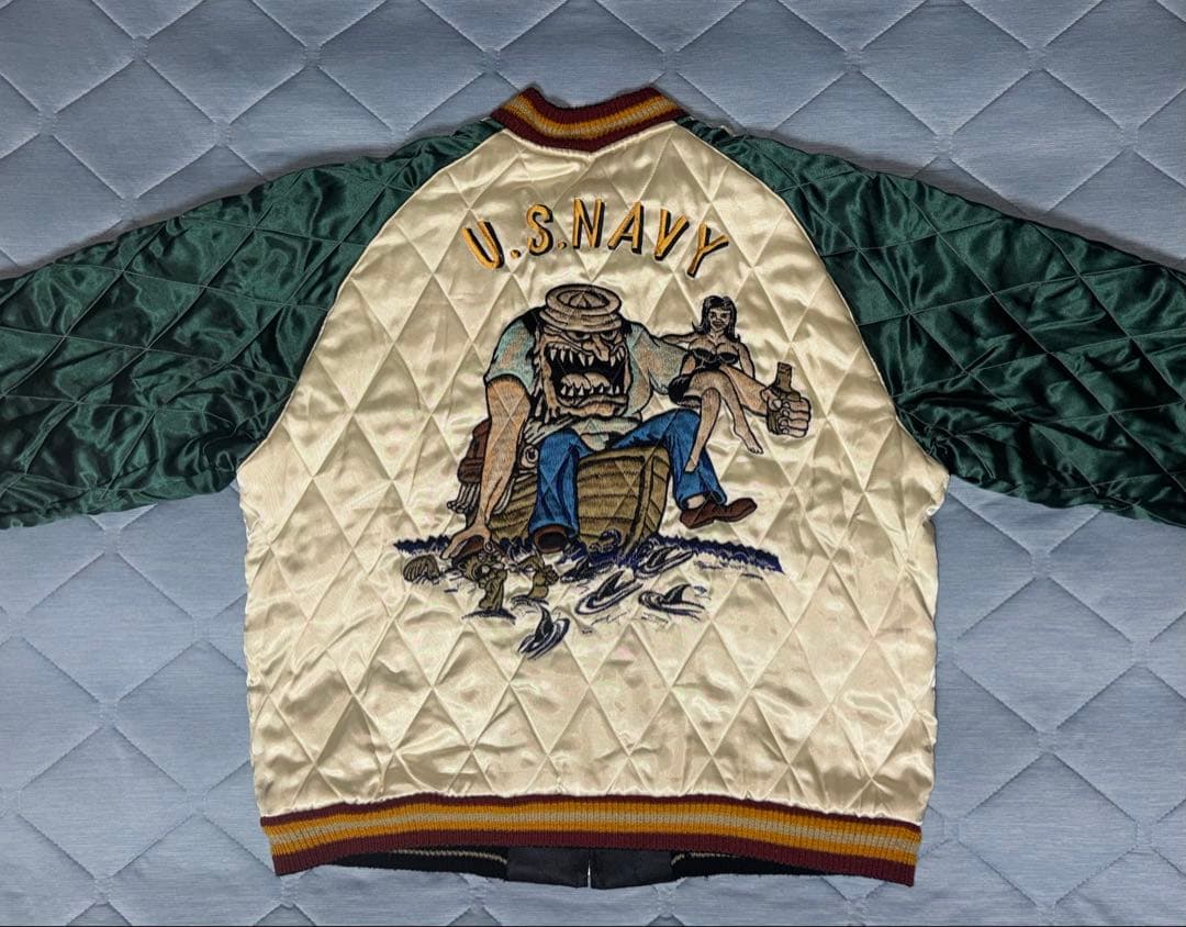 ★美品！テーラー東洋 サテンキルトリバーシブルスカジャン髑髏xU.S.NAVY