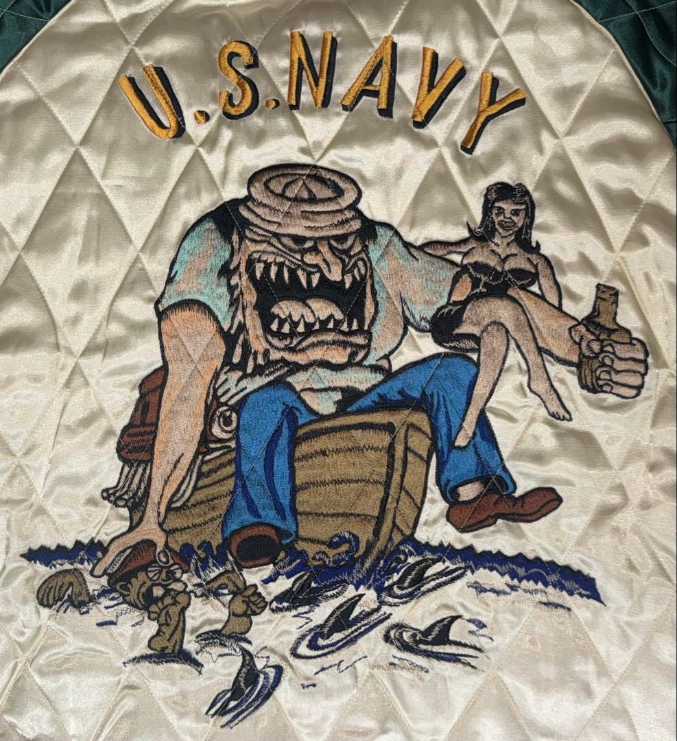 ★美品！テーラー東洋 サテンキルトリバーシブルスカジャン髑髏xU.S.NAVY