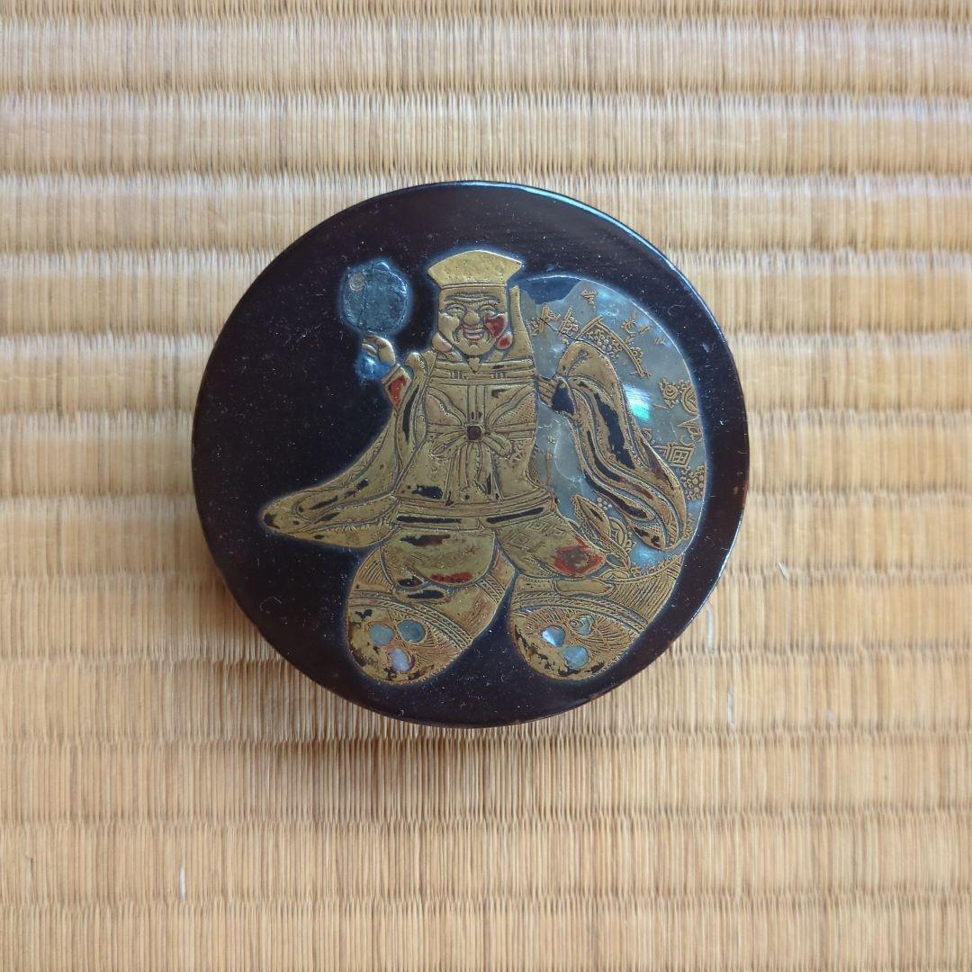 金箔装飾 漆器 香合 円形　大黒様　金蒔絵　打出の小槌　俵　骨董品　古美術