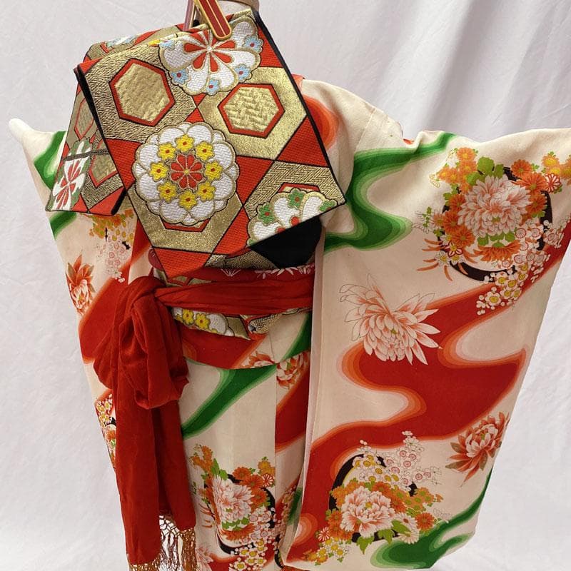 ◎504ag32◎七五三 七歳 女児 単衣 セミアンティーク 着物&袋帯◎