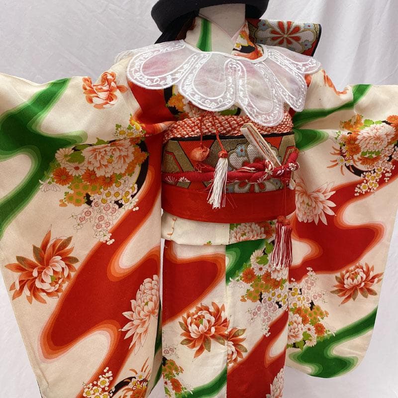 ◎504ag32◎七五三 七歳 女児 単衣 セミアンティーク 着物&袋帯◎