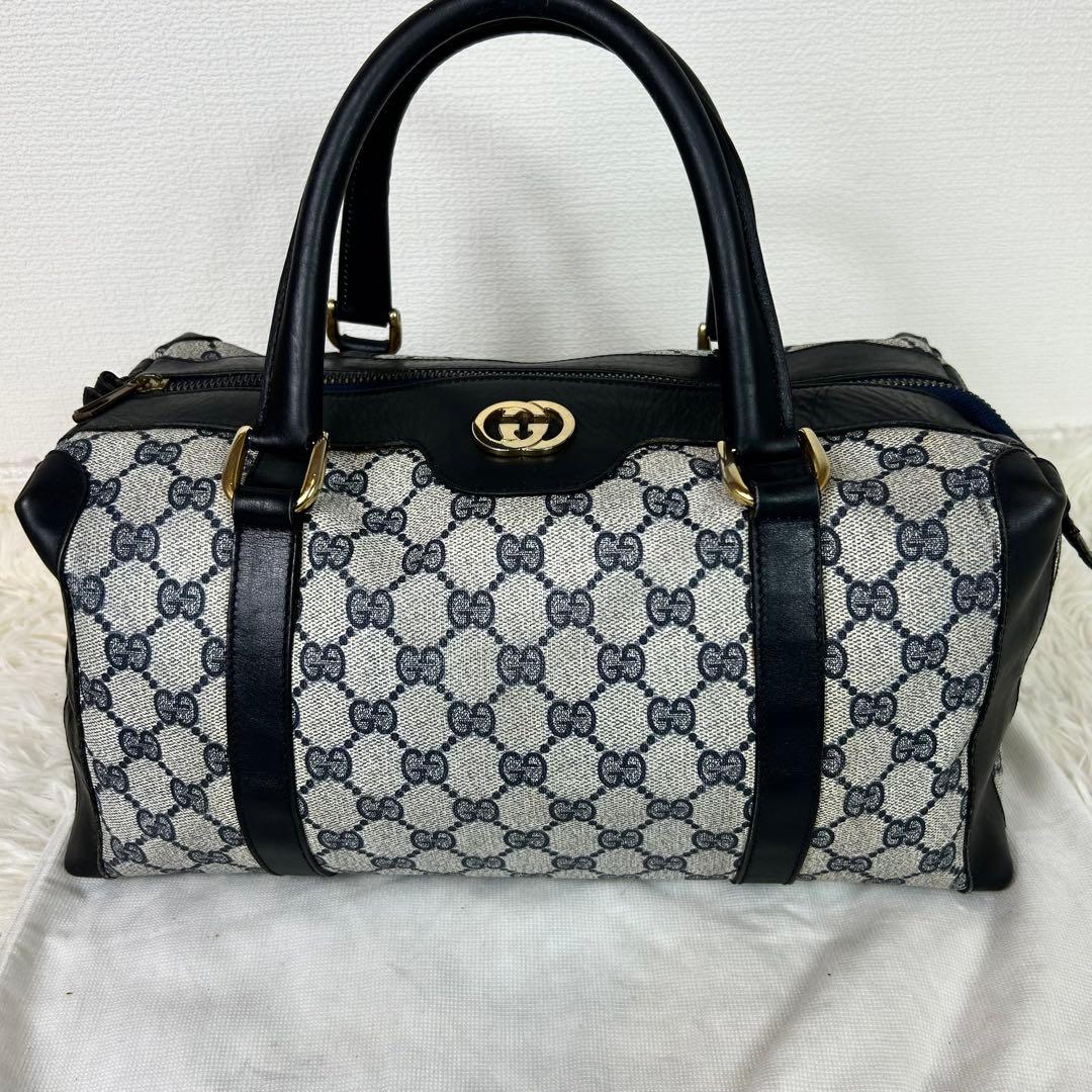 美品 GUCCI バンド ボストンバッグ gg シェリー PVC ネイビー大容量
