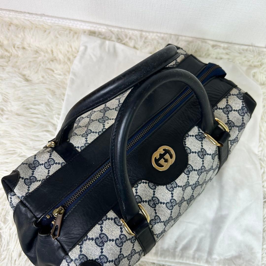 美品 GUCCI バンド ボストンバッグ gg シェリー PVC ネイビー大容量