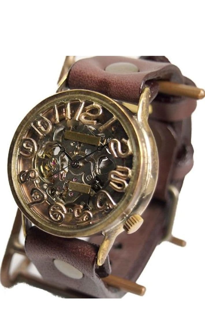 【渡辺工房】 スケルトン式ブラウンレザー腕時計