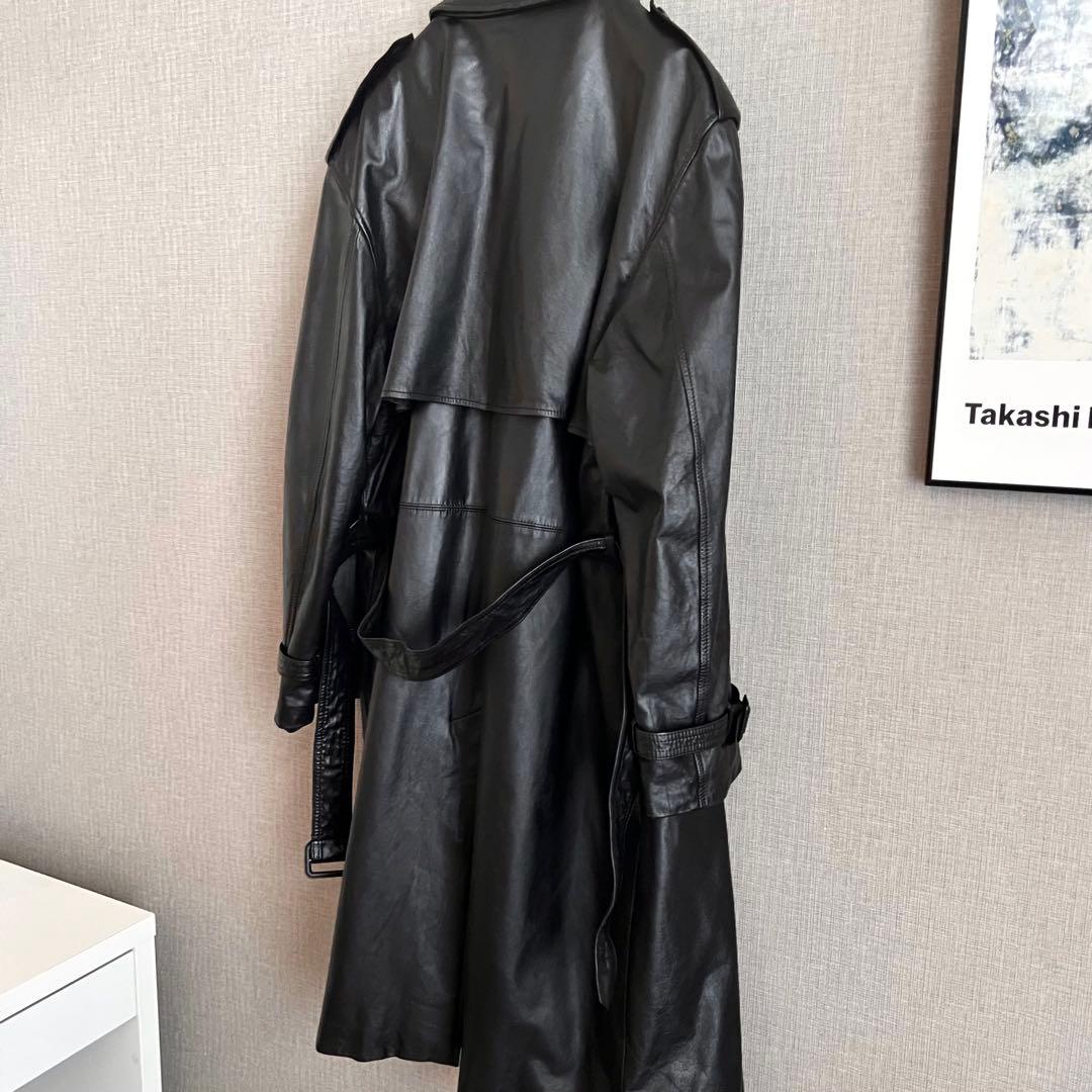 美品 ヴィンテージ マキシ丈 カウレザートレンチコート 牛革 ブラック 古着