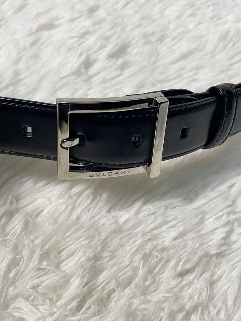 美品　BVLGARI レザーベルト ブラック シルバーバックル 本革 付属袋付き