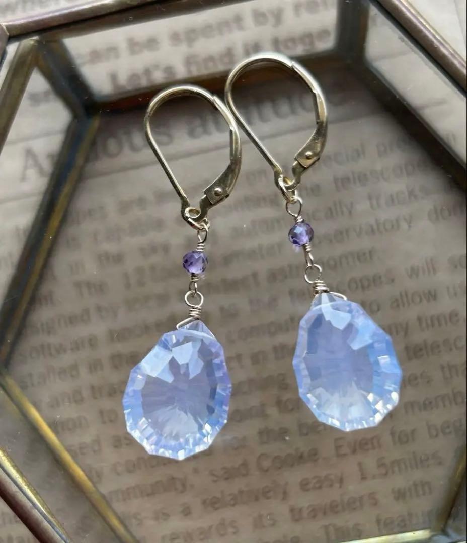 高品質スコロライトコンケーブカット＆宝石質アメジストのピアスチャーム他14kgf