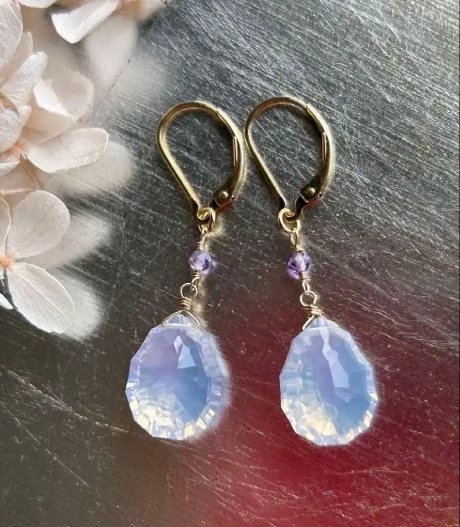 高品質スコロライトコンケーブカット＆宝石質アメジストのピアスチャーム他14kgf