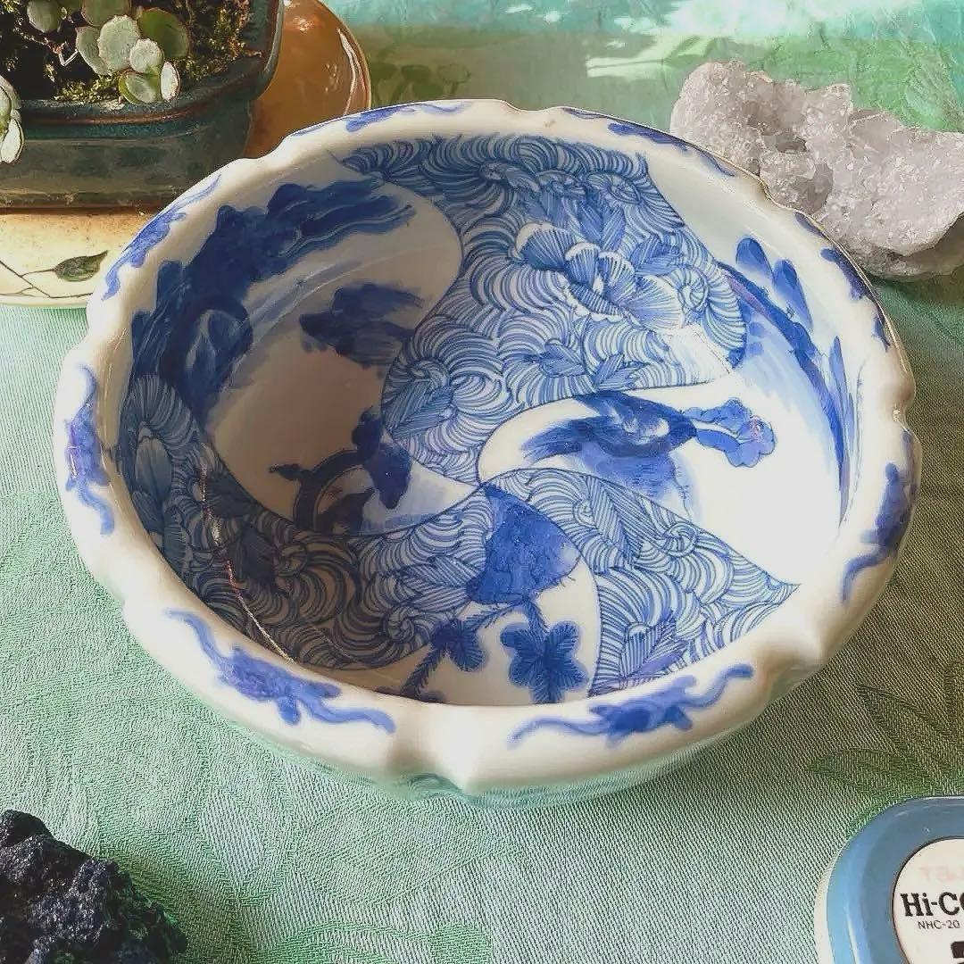 江戸期　古伊万里　染付　中深鉢　山水図