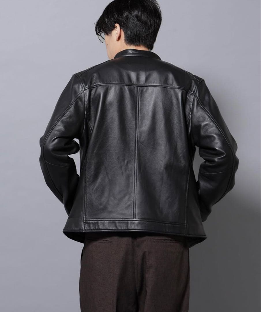 [ナノ・ユニバース] バンドカラー レザー シングル ライダースジャケット