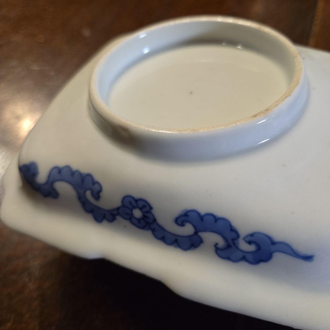 菖蒲図染付変形皿　 四角形角皿 6枚セット　手描き　染付　骨董　アンティーク