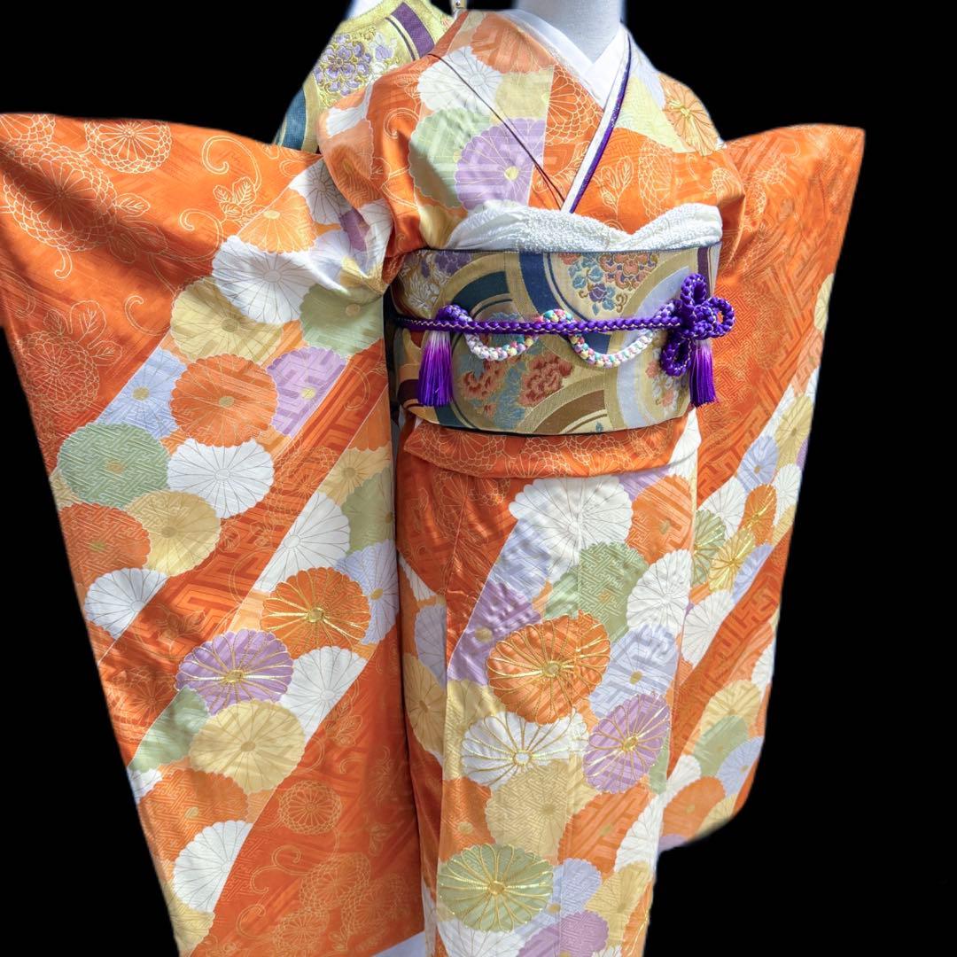 振袖５点セット　セミアンティーク　菊模様　西陣織袋帯　成人式　161.5cm位迄