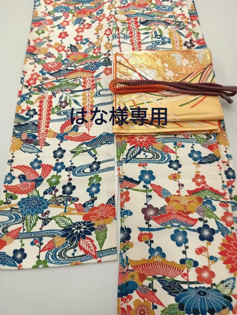 ナ3【1】◆美品◆正絹◆紅型・花鳥柄振袖 ＆六通袋帯＆帯締めセット◆レトロ