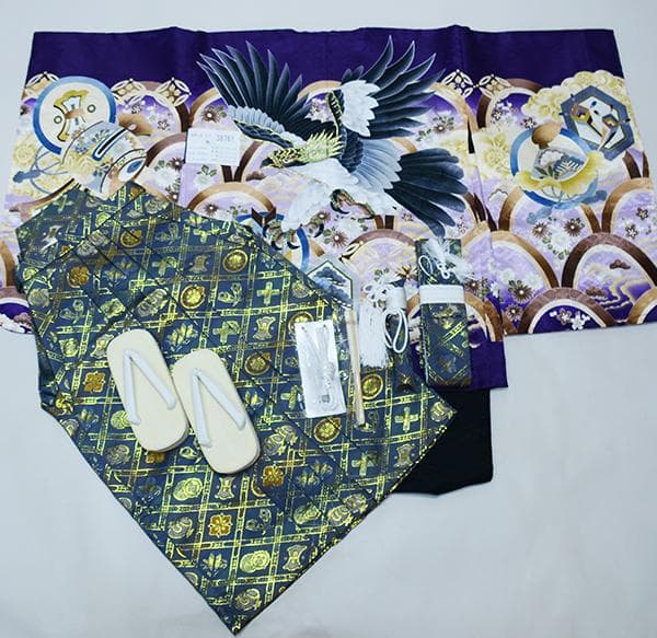 七五三 五歳 男児 羽織袴フルセット L寸 紫地 鷹 袴変更可能 NO38761