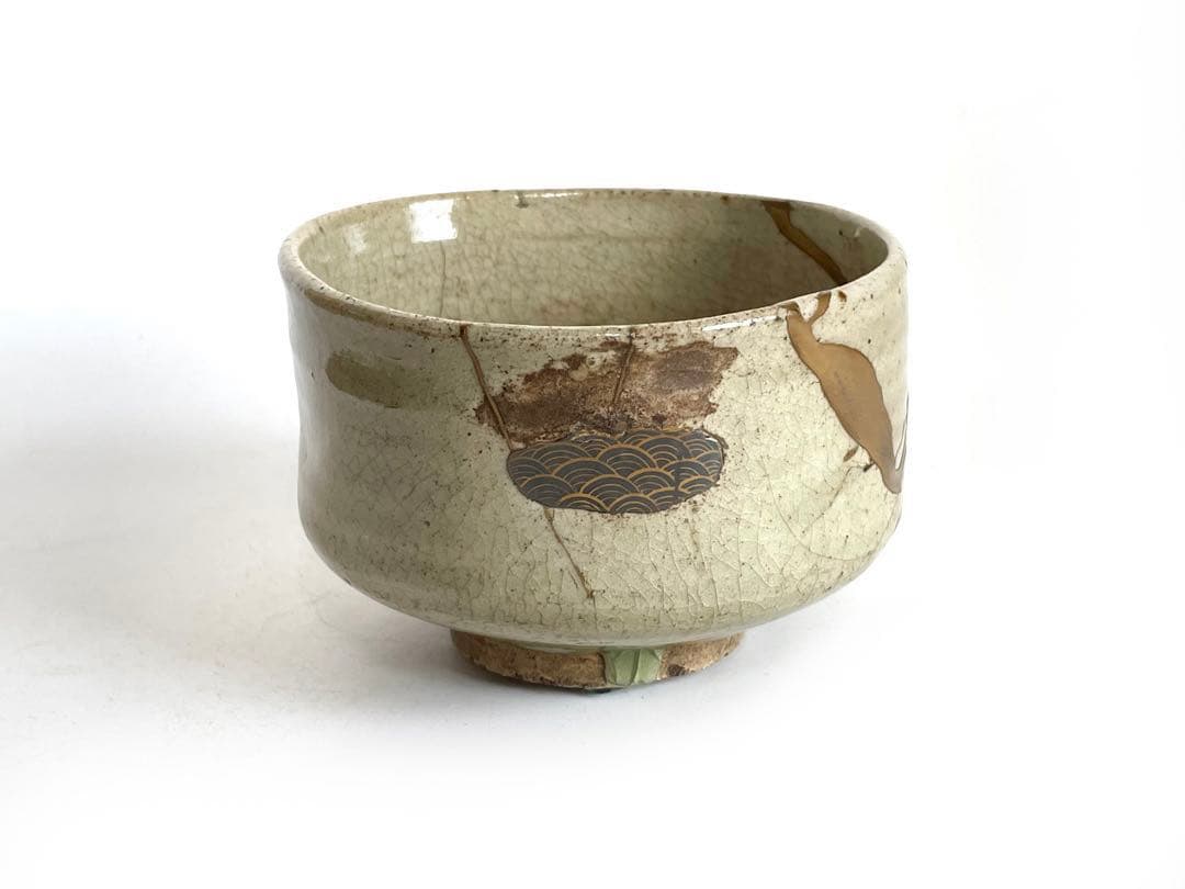 骨董　アンティーク　黄瀬戸　茶碗　金継ぎ　御深井焼　共箱　銘雨後