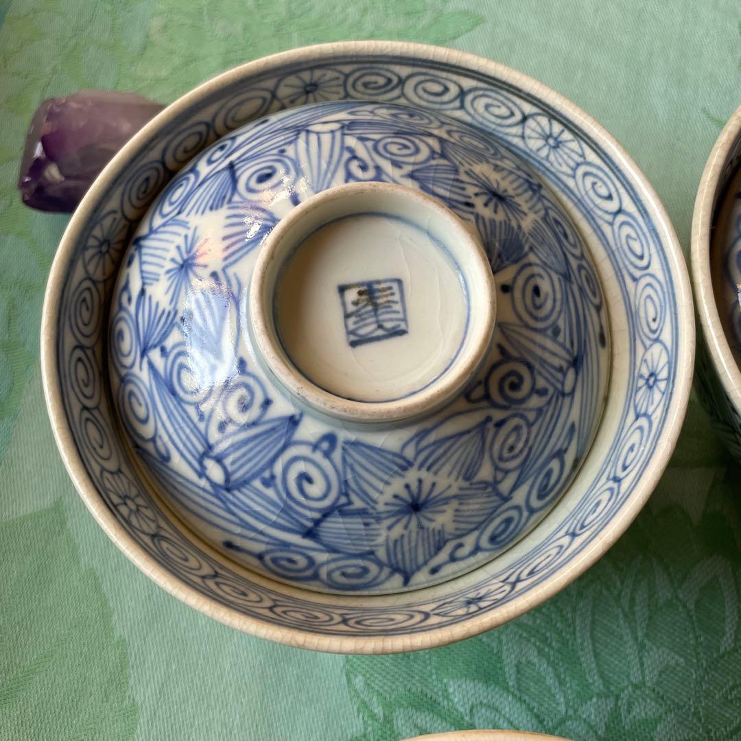 古伊万里　花弁紋　唐草　蓋付きご飯茶碗 6客