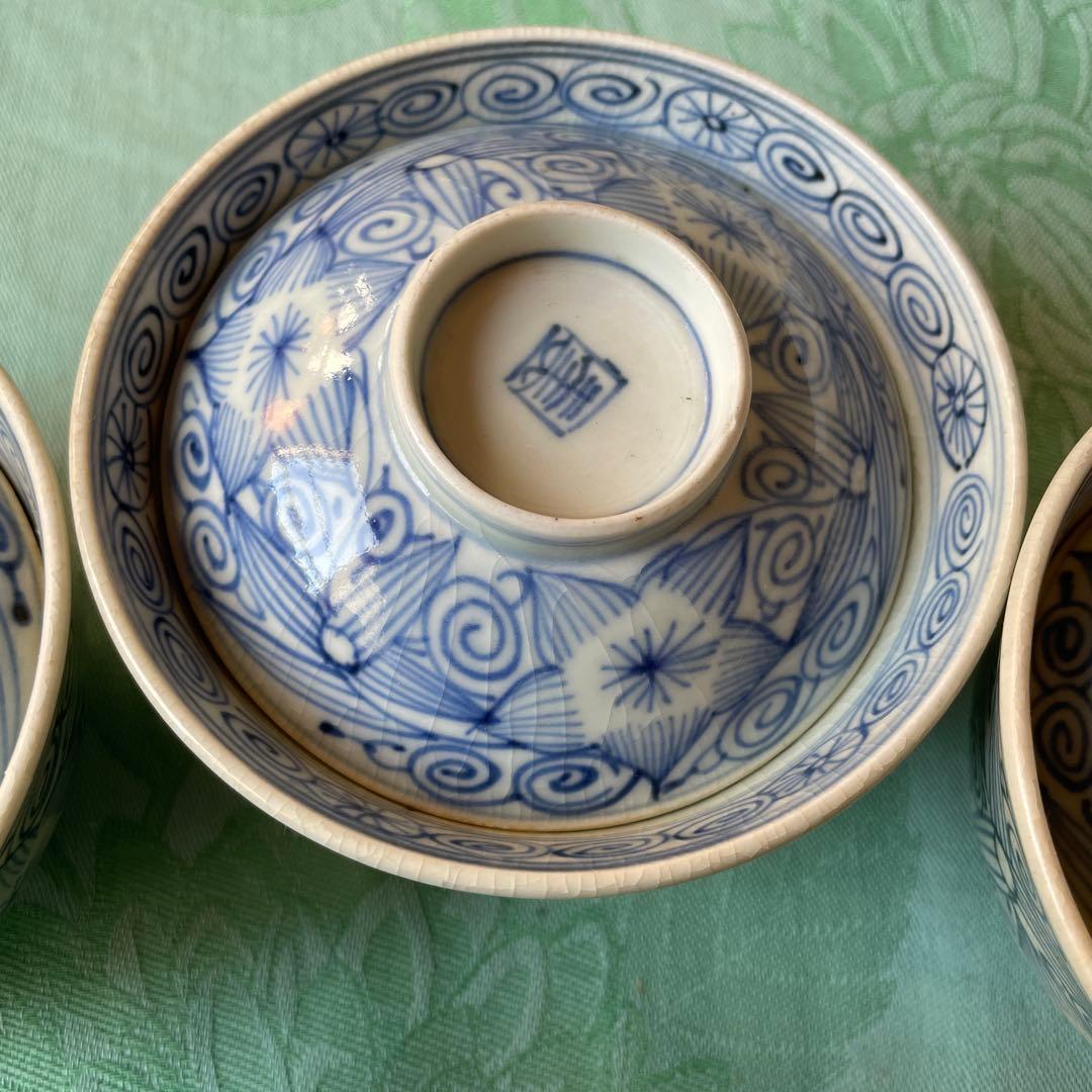 古伊万里　花弁紋　唐草　蓋付きご飯茶碗 6客