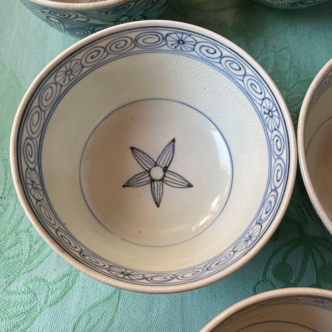 古伊万里　花弁紋　唐草　蓋付きご飯茶碗 6客