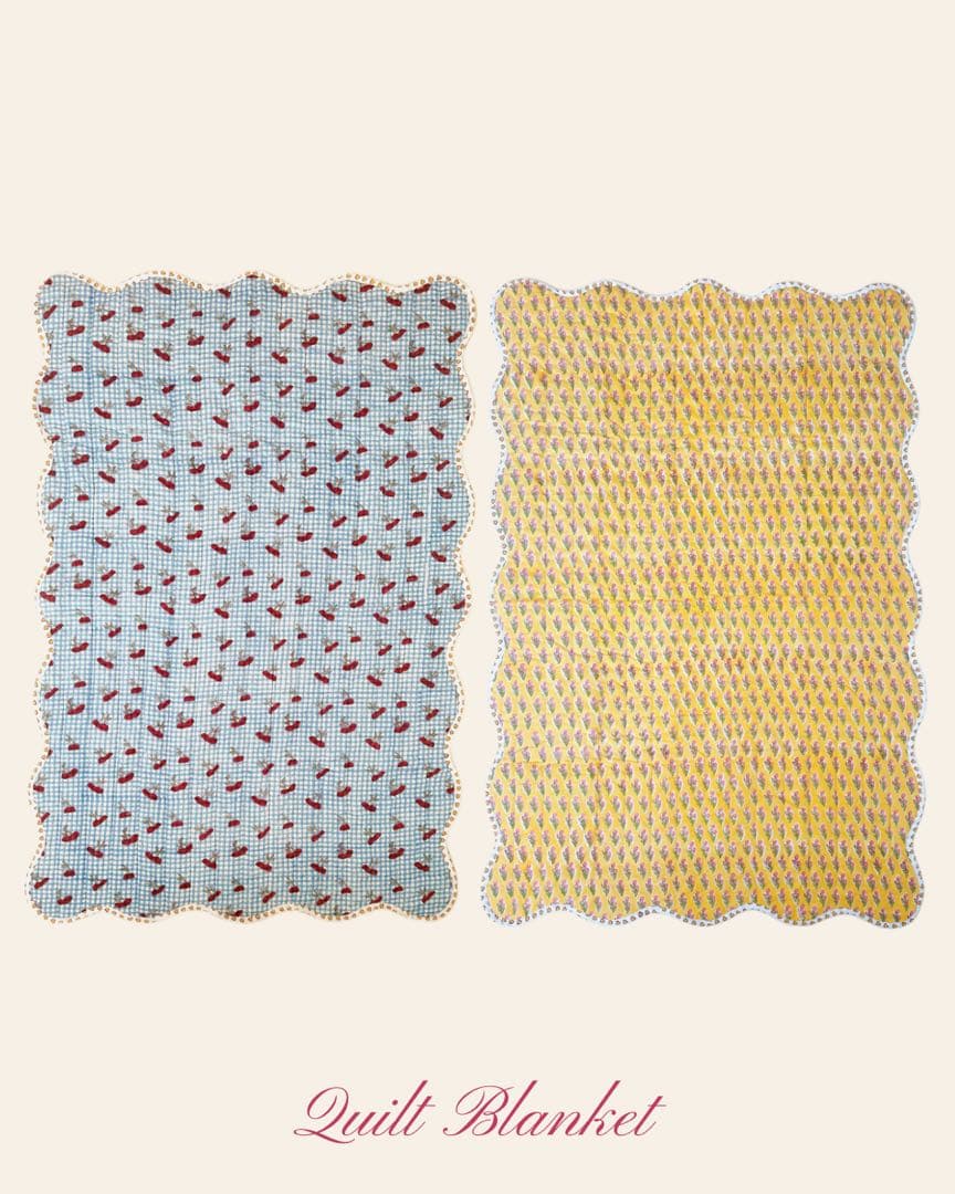 ブロックプリント　うねうねキルトブランケット　さくらんぼ×チューリップ