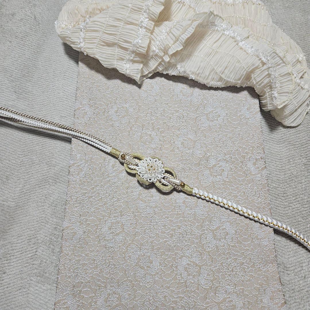 人気くすみカラーベージュ！紋織袋帯　仕立て上がり　全通です。