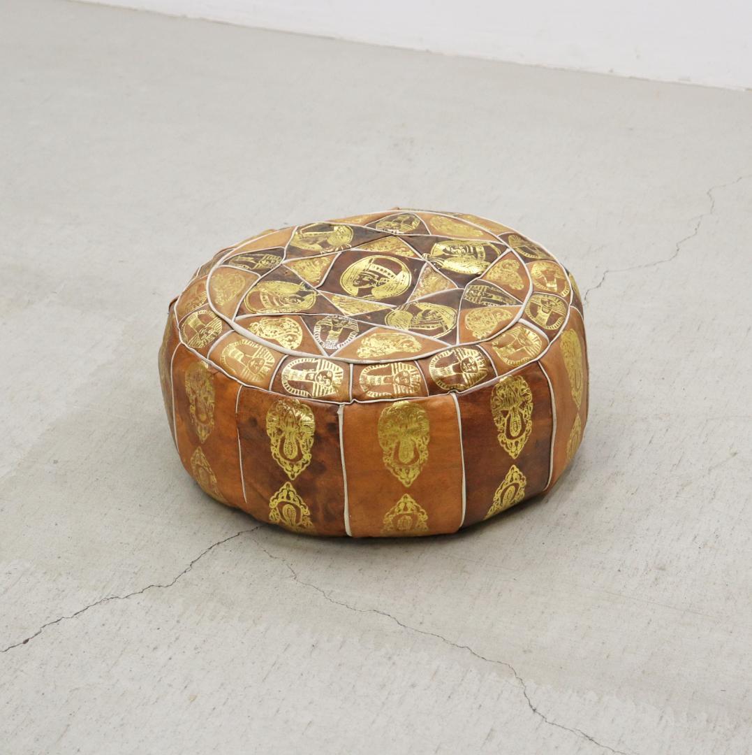 ヴィンテージ エジプト 本革 プフ クッション スツール 円形 座椅子 1