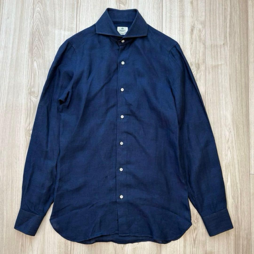 【極美品】BORRELLI リネン100% ドレスシャツ ネイビー 37 S