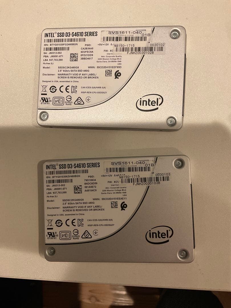 Intel SSD D3-S4610シリーズ 480GB x2個セット