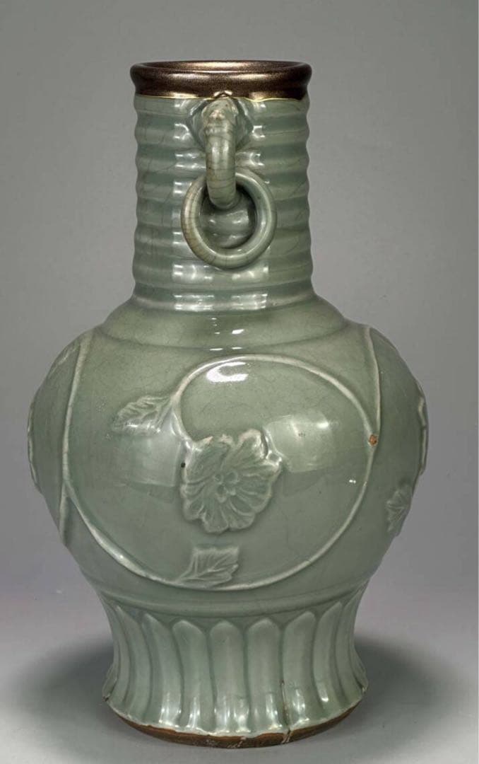 明朝　明時代保証　龍泉窯　花卉文　象耳瓶　口蒔絵塗金継有　骨董品　華道具　唐物