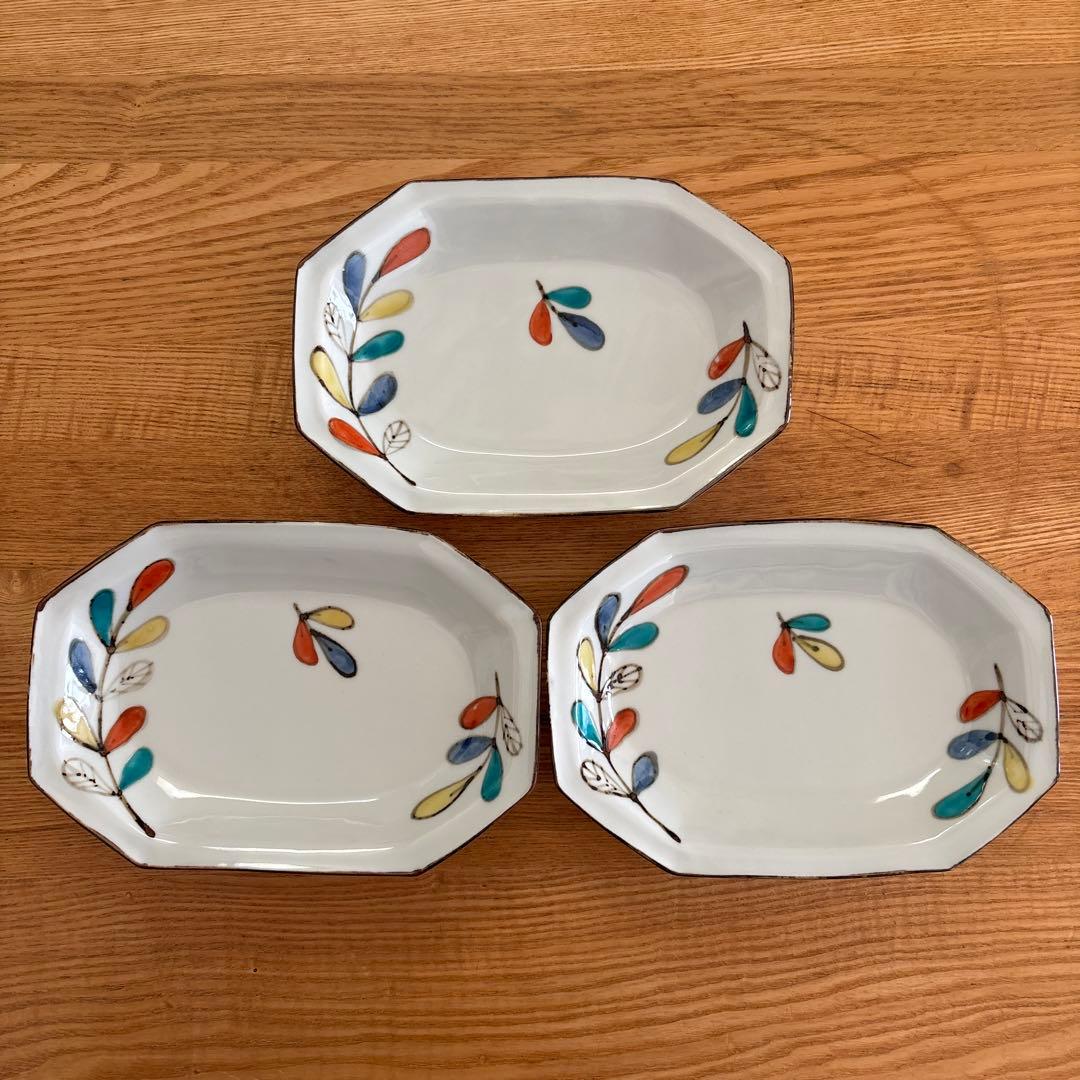 九谷青窯/高祥吾/色絵遊び/葉隅切り/長皿/3枚