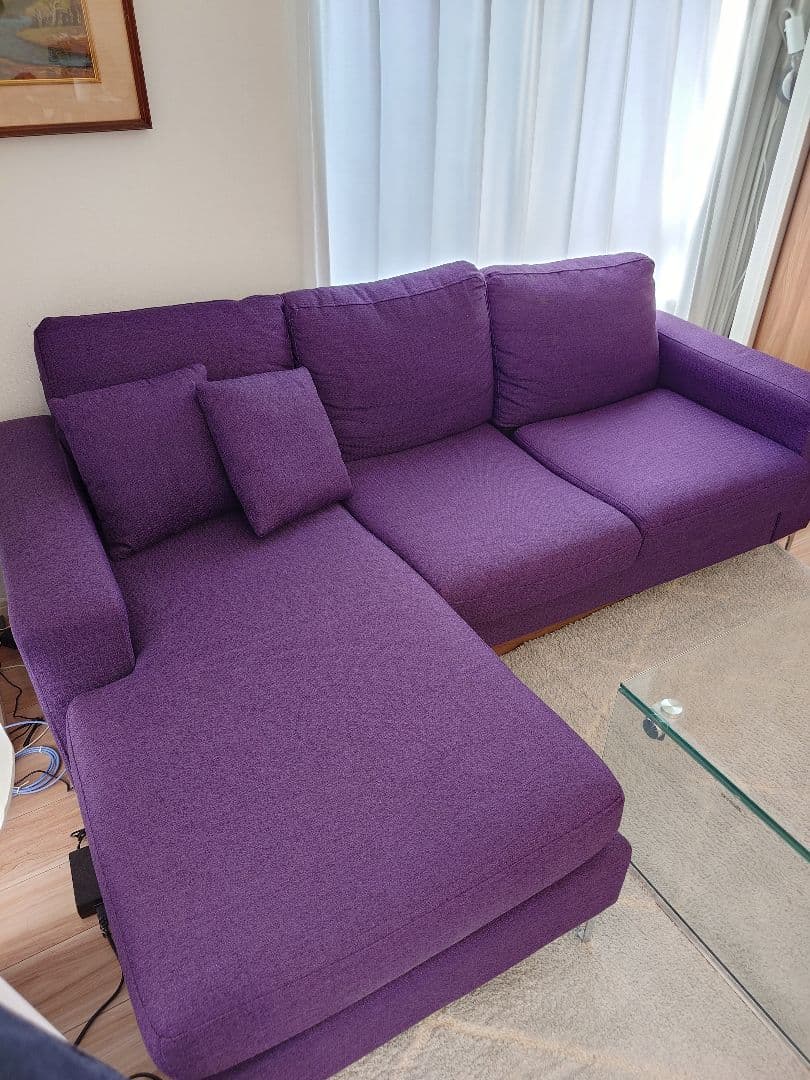 パープル L字型ソファ 付属クッション付き