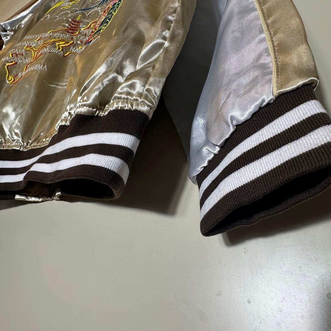 【新品】スカジャン 日本地図 鷹 舞妓 富士山刺繍 サテンスーベニア和柄ベージュ