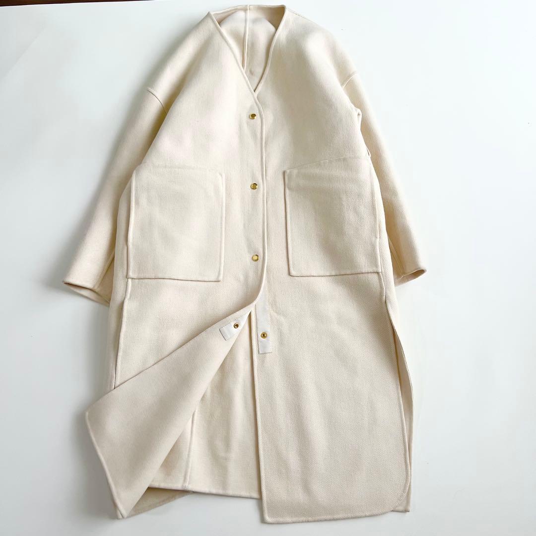 Drawer ウールシルク リバーシブル ノーカラー ロングコート 白 38
