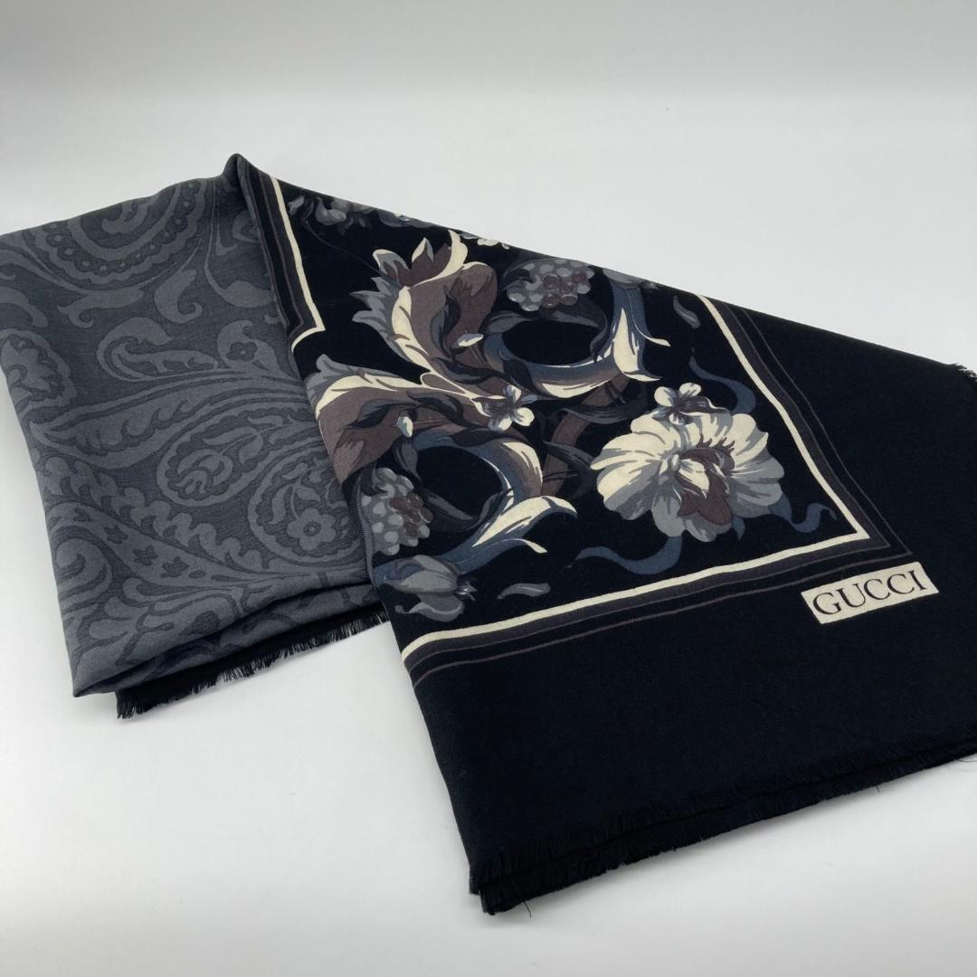 13027✨良品✨GUCCI 大判ストール ショール ウール ブラック 花柄