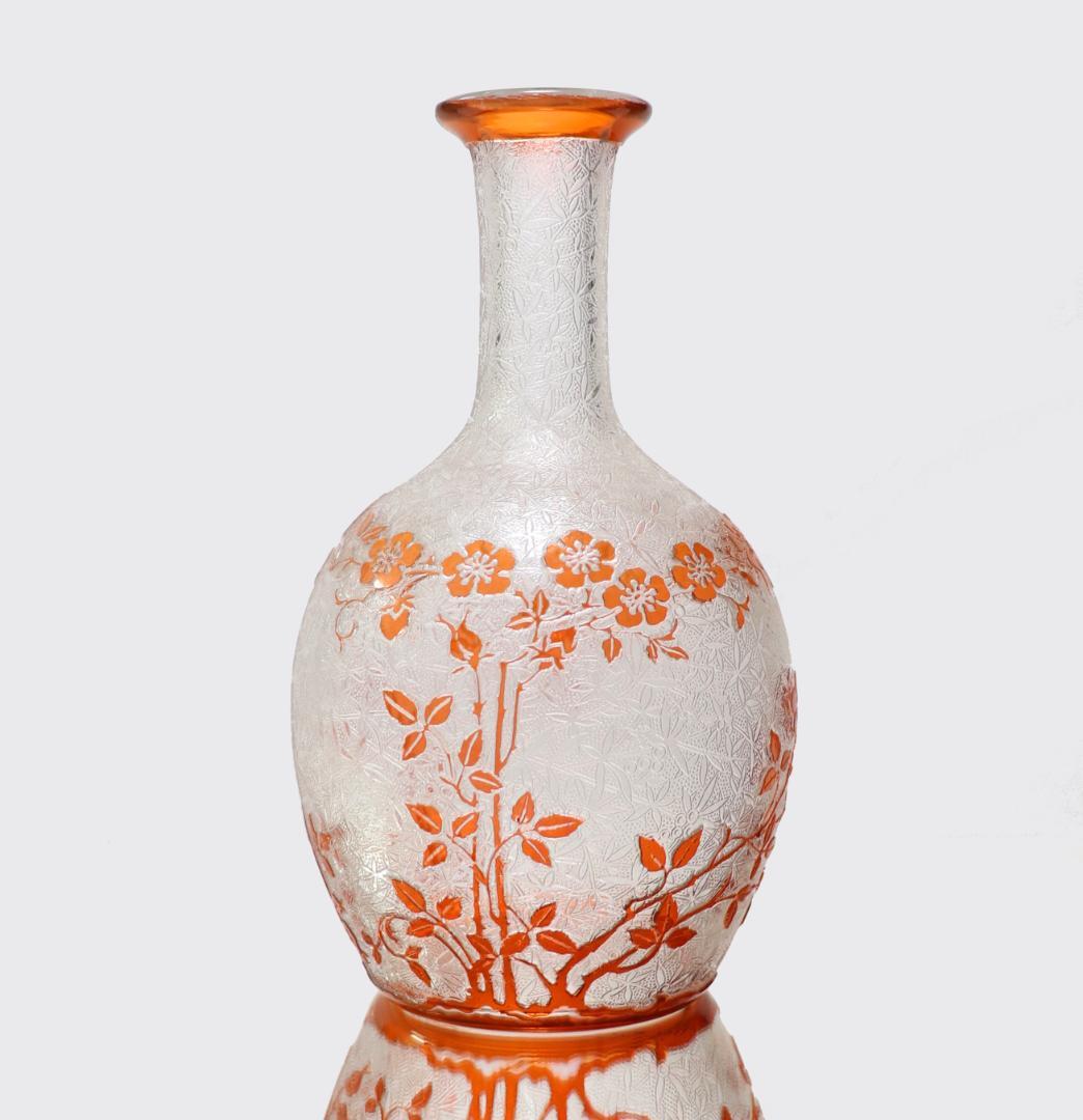 オールド・バカラ 面積大 橙色被せガラス 犬薔薇 花瓶 徳利 アシッドエッチング
