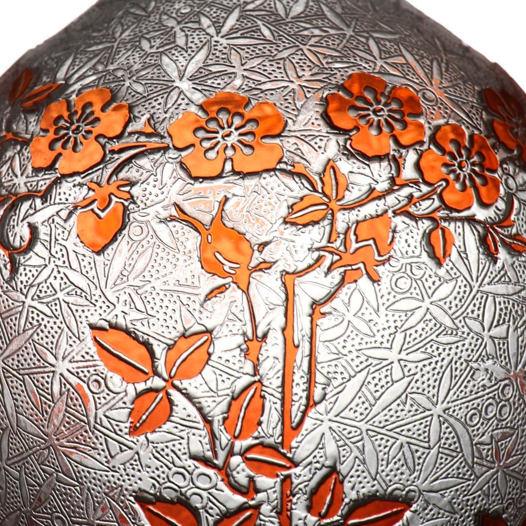 オールド・バカラ 面積大 橙色被せガラス 犬薔薇 花瓶 徳利 アシッドエッチング