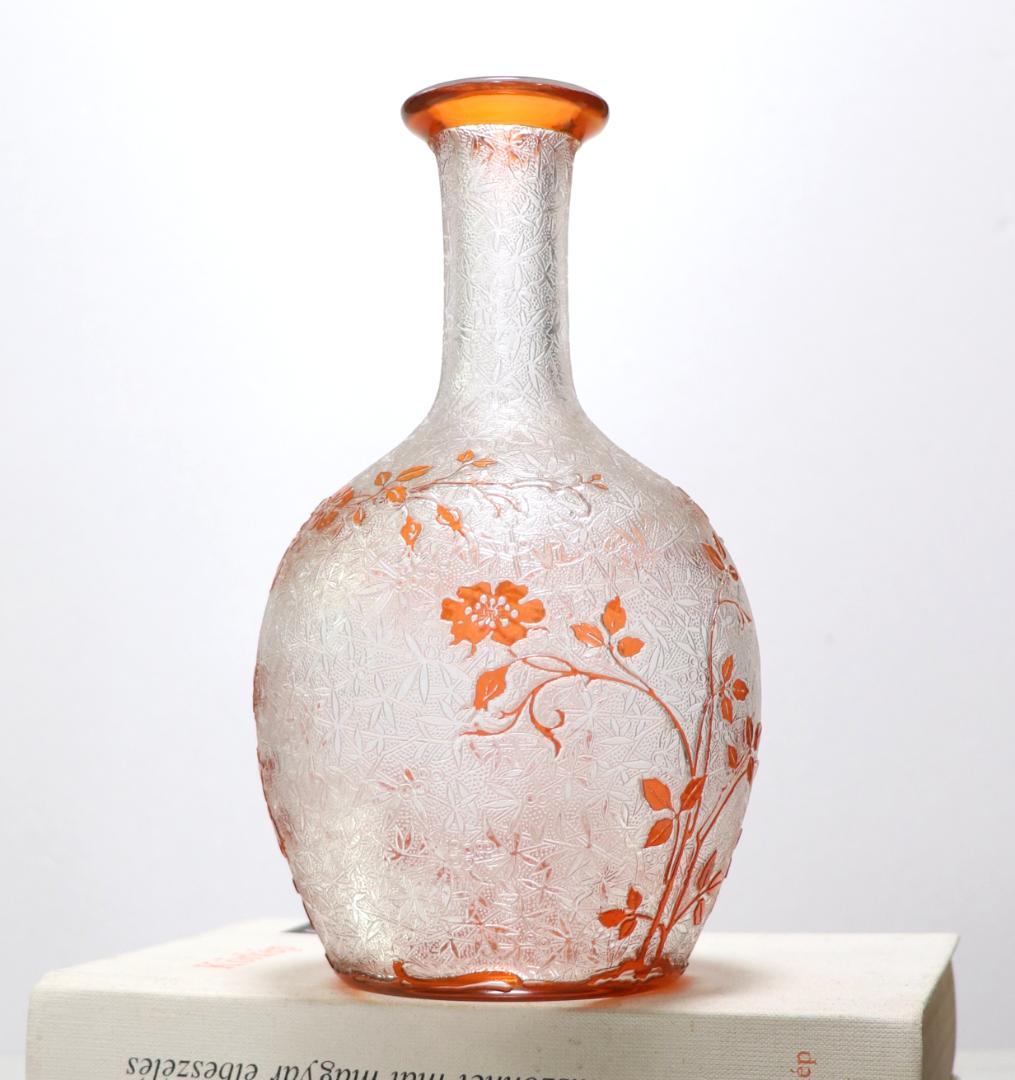 オールド・バカラ 面積大 橙色被せガラス 犬薔薇 花瓶 徳利 アシッドエッチング