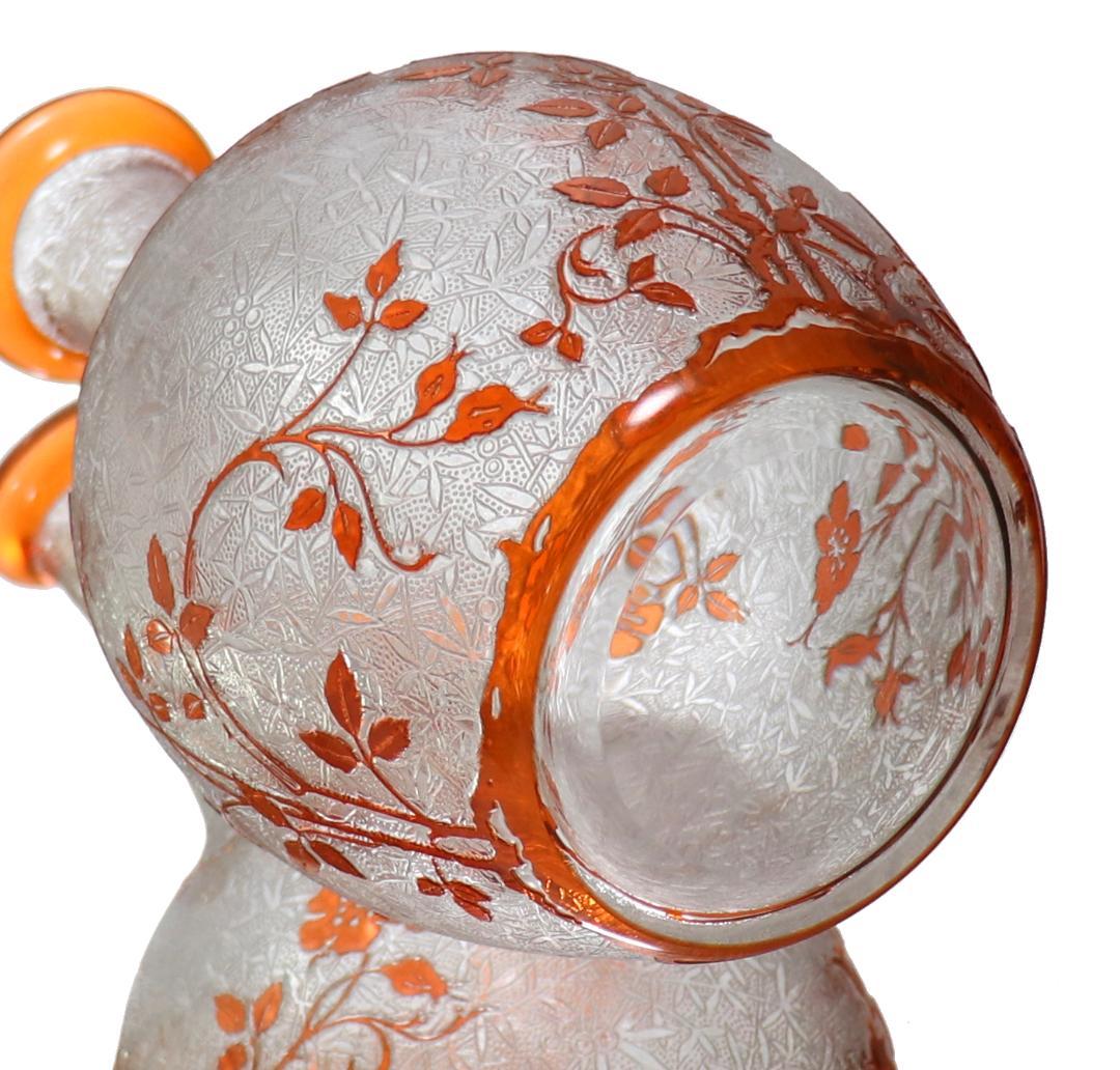 オールド・バカラ 面積大 橙色被せガラス 犬薔薇 花瓶 徳利 アシッドエッチング