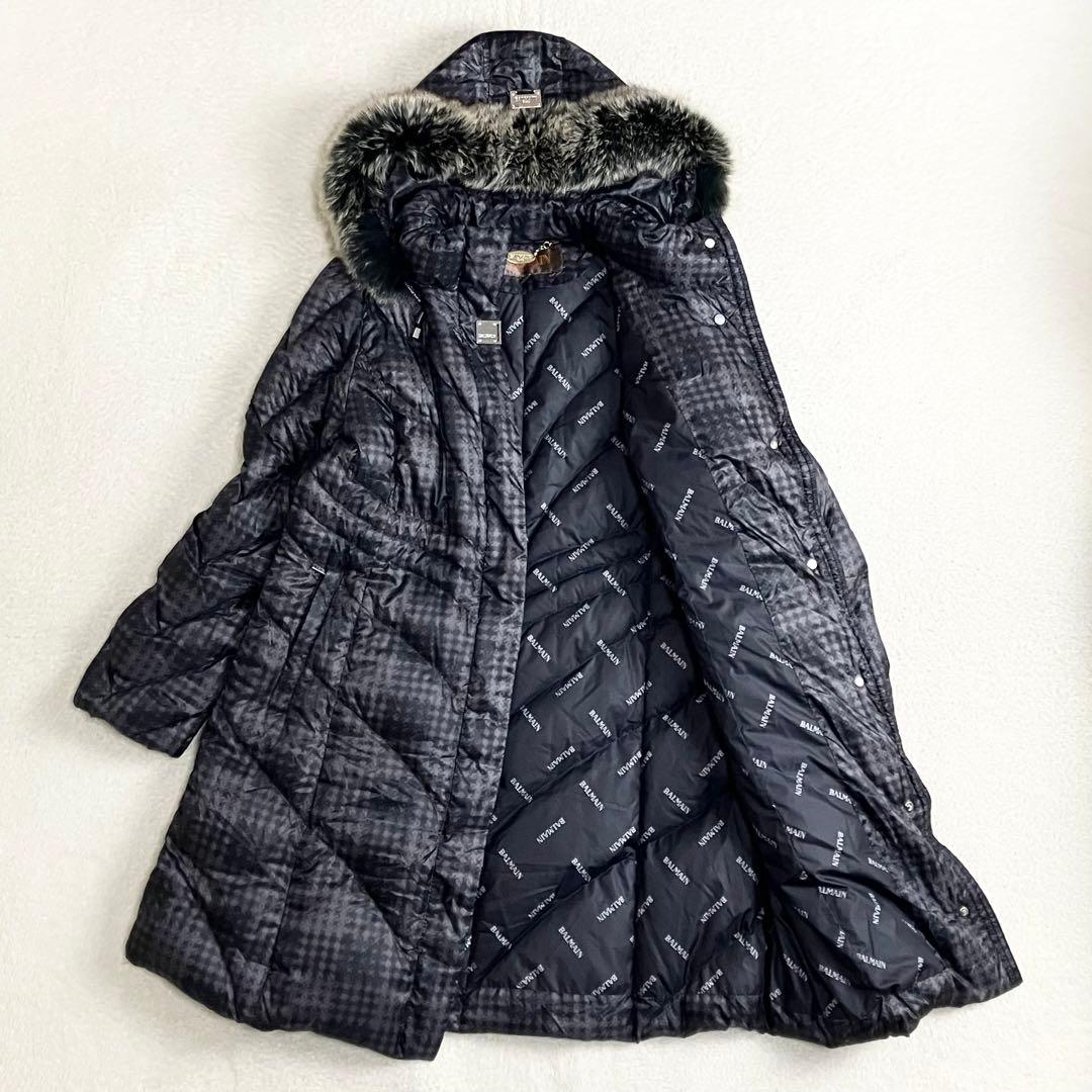 BALMAIN バルマン　ダウンコート ブルーフォックスファー　L 総柄 黒